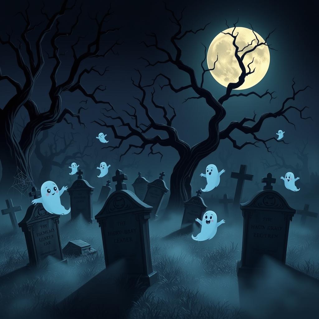 A dark and eerie animated cemetery with a Disney-like artistic style