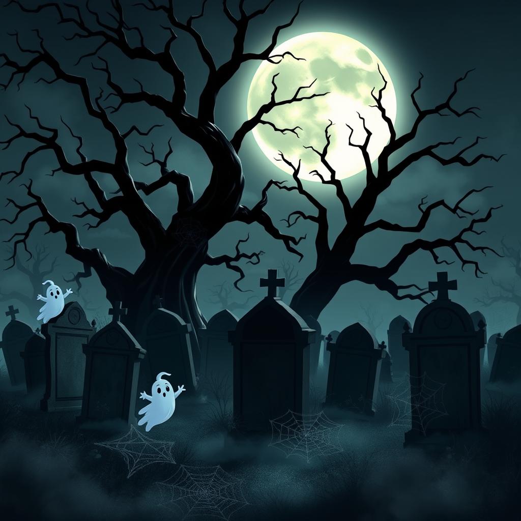 A dark and eerie animated cemetery with a Disney-like artistic style