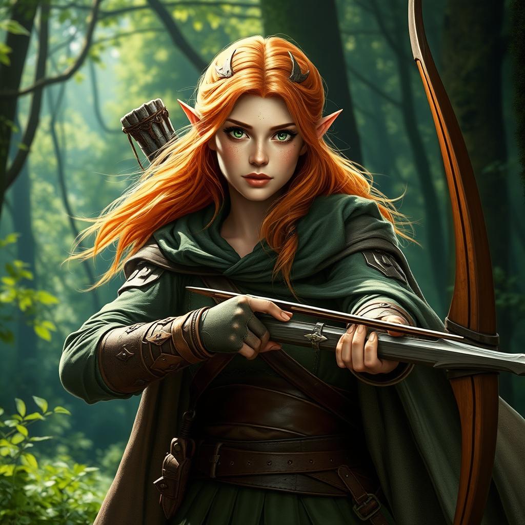 forest elf woman warrior hero with copper blonde hair, freckles, and green eyes