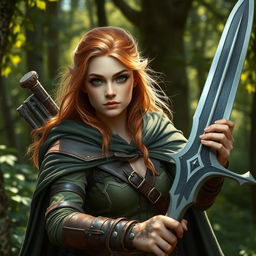 forest elf woman warrior hero with copper blonde hair, freckles, and green eyes