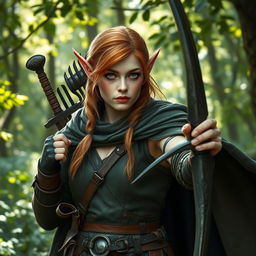 forest elf woman warrior hero with copper blonde hair, freckles, and green eyes