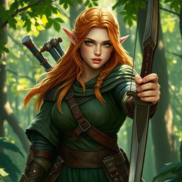 forest elf woman warrior hero with copper blonde hair, freckles, and green eyes