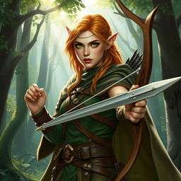 Dungeons and Dragons forest elf woman warrior hero with copper blonde hair, freckles, and green eyes