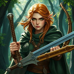 Dungeons and Dragons forest elf woman warrior hero with copper blonde hair, freckles, and green eyes