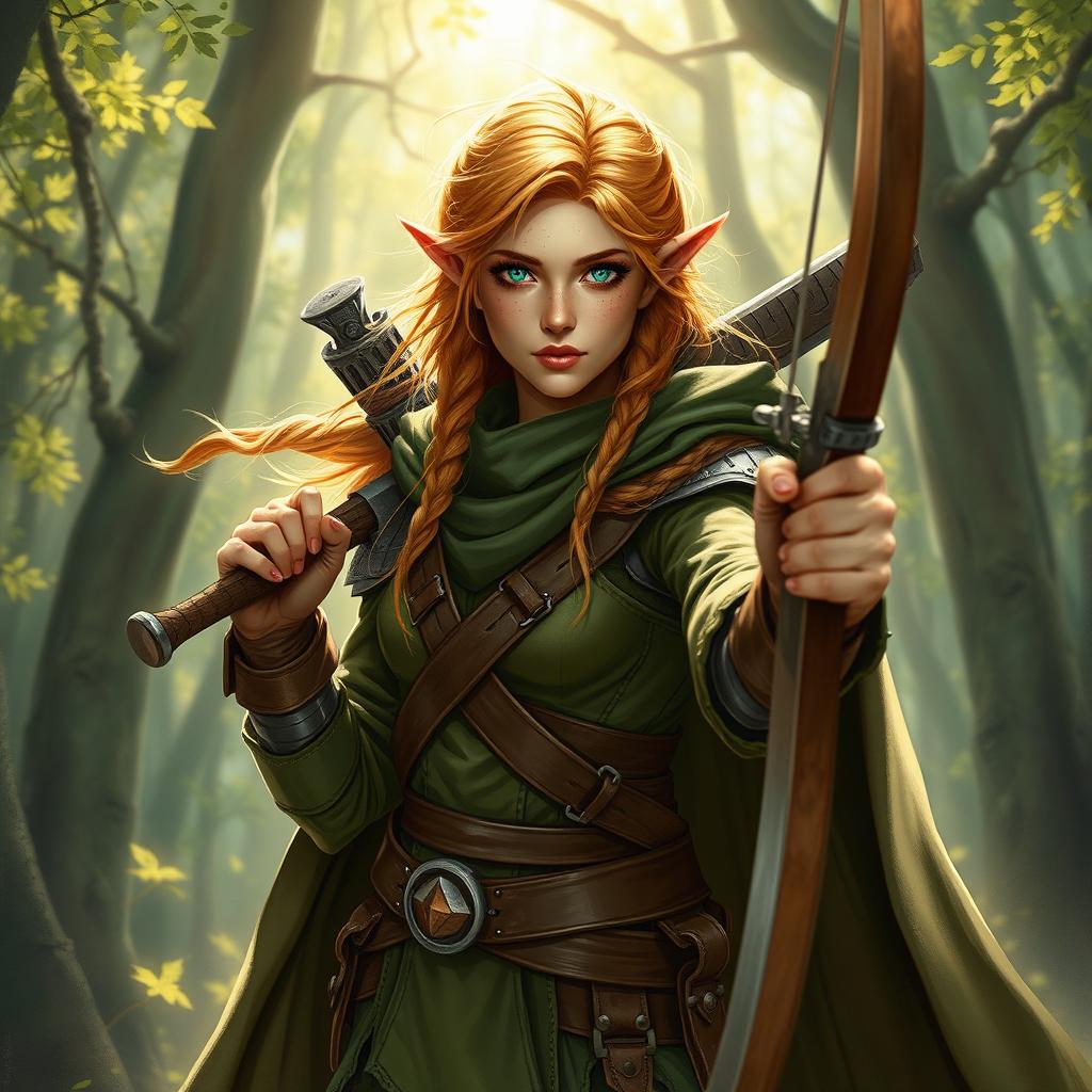 Dungeons and Dragons forest elf woman warrior hero with copper blonde hair, freckles, and green eyes