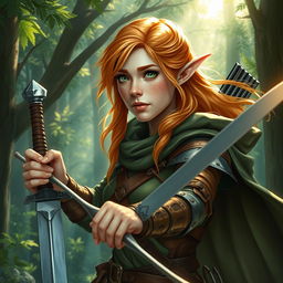 Dungeons and Dragons forest elf woman warrior hero with copper blonde hair, freckles, and green eyes