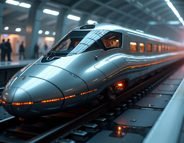 Futuristic bullet train from the year 2060, sleek aerodynamic design with a metallic sheen, advanced technology features visible, intricate detailing showing the innovation of the future, set against a high-tech urban landscape, dramatic lighting to emphasize its advanced architecture