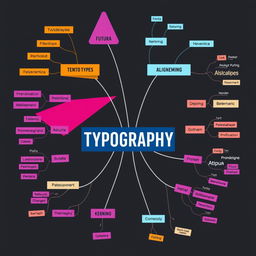 A modern and visually striking mind map showcasing typography with a focus on cool and stylish font selections