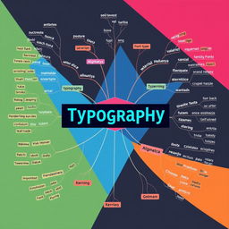 A modern and visually striking mind map showcasing typography with a focus on cool and stylish font selections