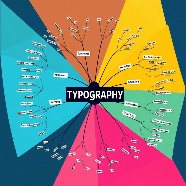 A modern and visually striking mind map showcasing typography with a focus on cool and stylish font selections