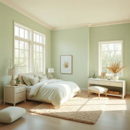 A serene bedroom interior featuring a soothing palette of light green and beige colors