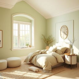 A serene bedroom interior featuring a soothing palette of light green and beige colors