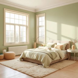 A serene bedroom interior featuring a soothing palette of light green and beige colors