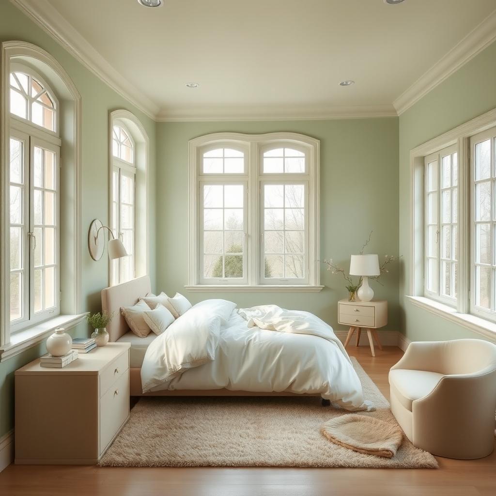 A serene bedroom interior featuring a soothing palette of light green and beige colors