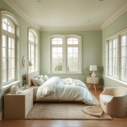 A serene bedroom interior featuring a soothing palette of light green and beige colors