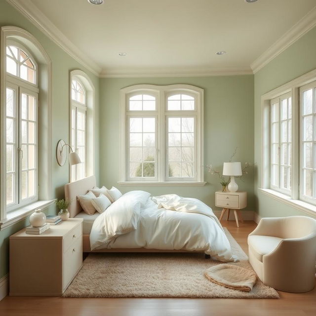 A serene bedroom interior featuring a soothing palette of light green and beige colors