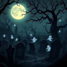 A dark and eerie animated cemetery with a Disney-like artistic style