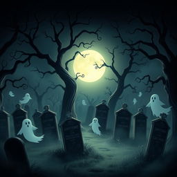 A dark and eerie animated cemetery with a Disney-like artistic style