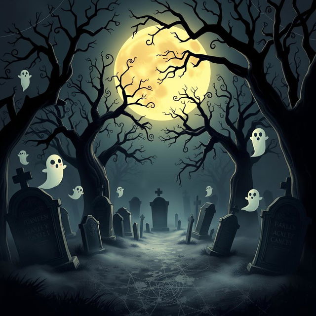 A dark and eerie animated cemetery with a Disney-like artistic style