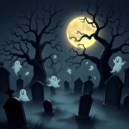 A dark and eerie animated cemetery with a Disney-like artistic style