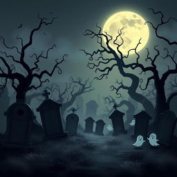 A dark and eerie animated cemetery with a Disney-like artistic style