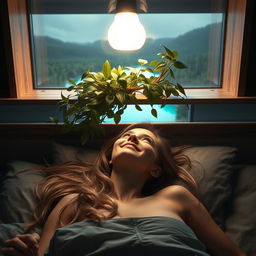 A photorealistic close-up portrait of a young European woman with long, light hair lying on her back in bed, romantically smiling as she gazes outside through a floor-to-ceiling panoramic window