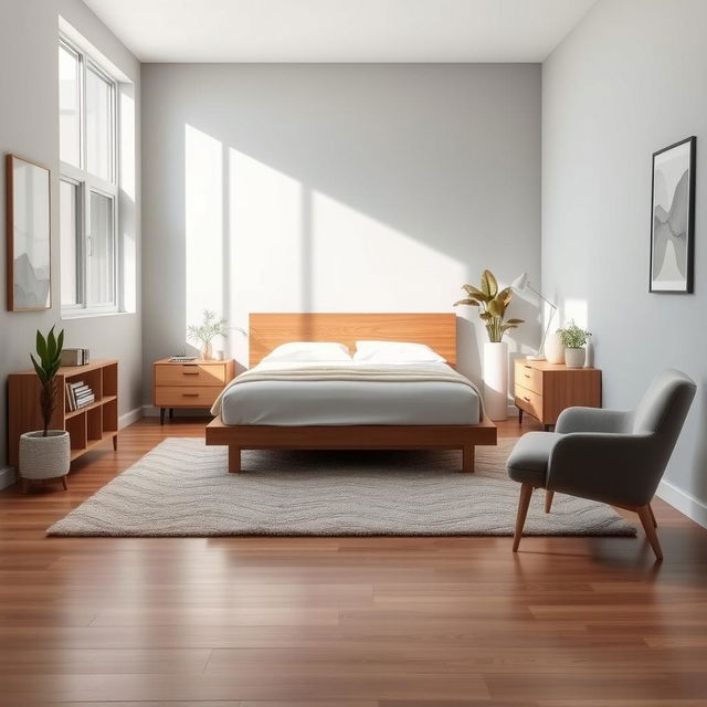 A beautifully designed modern bedroom interior with a minimalist aesthetic