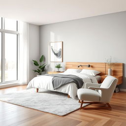 A beautifully designed modern bedroom interior with a minimalist aesthetic