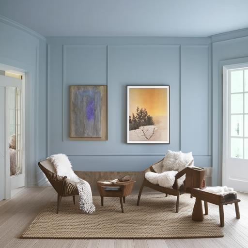 Create a serene room with soft warm lighting and calming blue walls, adorned with interesting art. Plush rugs over a wooden floor leading to a cozy seating area with oversized chairs and a large, welcoming sofa. The air subtly scented with lavender.