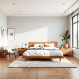 A beautifully designed modern bedroom interior with a minimalist aesthetic