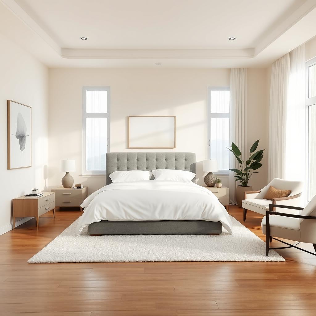 A serene and modern bedroom interior design, featuring a spacious king-sized bed with luxurious crisp white linens and a stylish gray upholstered headboard