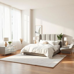 A serene and modern bedroom interior design, featuring a spacious king-sized bed with luxurious crisp white linens and a stylish gray upholstered headboard