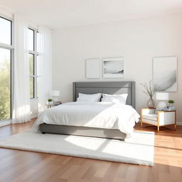 A serene and modern bedroom interior design, featuring a spacious king-sized bed with luxurious crisp white linens and a stylish gray upholstered headboard