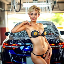 A stunning 18-year-old Japanese woman with blonde quiff pixie hair poses seductively at a car wash