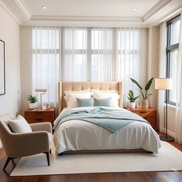 A stylish and tranquil bedroom interior, combining modern elegance with a cozy atmosphere