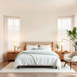 A stylish and tranquil bedroom interior, combining modern elegance with a cozy atmosphere