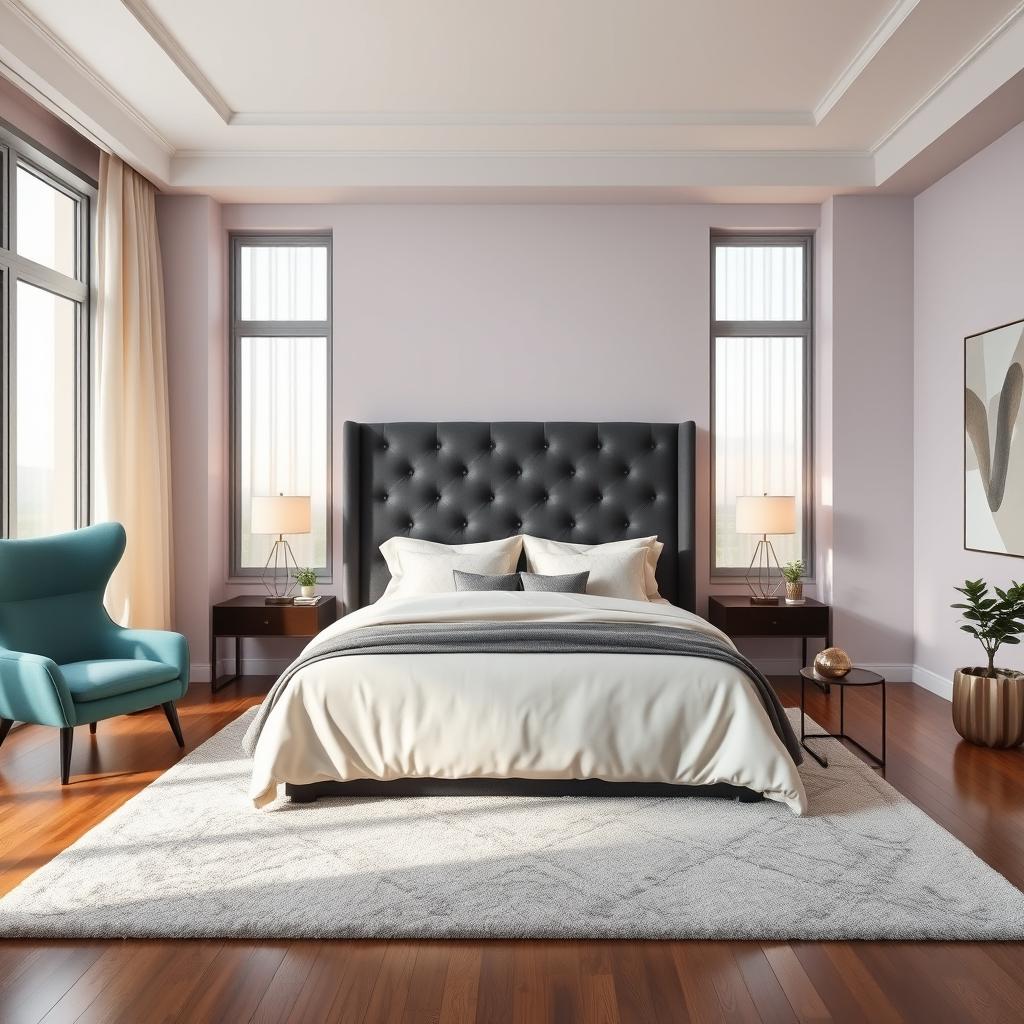 An elegant and contemporary bedroom interior design, featuring a sophisticated queen-sized bed with a charcoal gray tufted headboard, elegantly draped in luxurious cream-colored linens