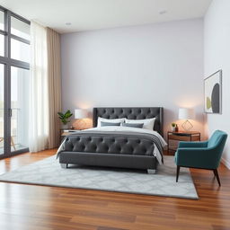 An elegant and contemporary bedroom interior design, featuring a sophisticated queen-sized bed with a charcoal gray tufted headboard, elegantly draped in luxurious cream-colored linens