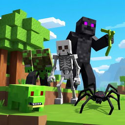 A collection of iconic Minecraft monsters, including a Creeper, Enderman, Zombie, Skeleton, and Spider, all set against the blocky, pixelated landscape of a Minecraft world