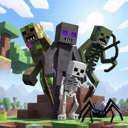 A collection of iconic Minecraft monsters, including a Creeper, Enderman, Zombie, Skeleton, and Spider, all set against the blocky, pixelated landscape of a Minecraft world