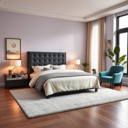 An elegant and contemporary bedroom interior design, featuring a sophisticated queen-sized bed with a charcoal gray tufted headboard, elegantly draped in luxurious cream-colored linens