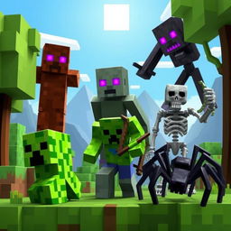 A collection of iconic Minecraft monsters, including a Creeper, Enderman, Zombie, Skeleton, and Spider, all set against the blocky, pixelated landscape of a Minecraft world