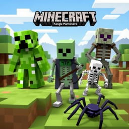 A collection of iconic Minecraft monsters, including a Creeper, Enderman, Zombie, Skeleton, and Spider, all set against the blocky, pixelated landscape of a Minecraft world