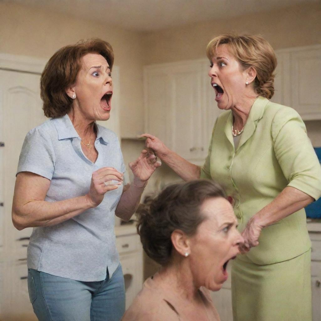 A dramatic caricature-like scene of a furious mother-in-law yelling at her confused and defensive son-in-law, set in a typically domestic backdrop.