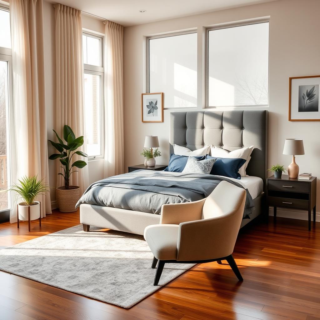 A cozy and contemporary bedroom interior, featuring a comfortable queen-sized bed with elegant navy blue bedding and a plush gray headboard