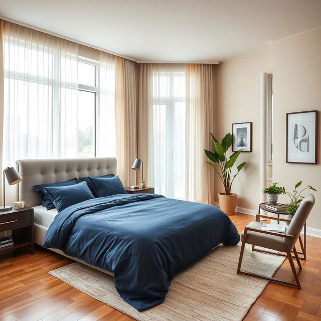 A cozy and contemporary bedroom interior, featuring a comfortable queen-sized bed with elegant navy blue bedding and a plush gray headboard