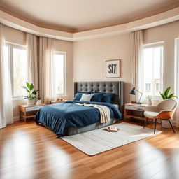 A cozy and contemporary bedroom interior, featuring a comfortable queen-sized bed with elegant navy blue bedding and a plush gray headboard