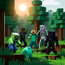 A dynamic and engaging Minecraft-themed scene featuring a zombie, creeper, skeleton, enderman, and slime