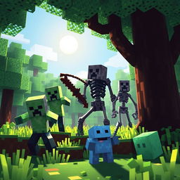 A dynamic and engaging Minecraft-themed scene featuring a zombie, creeper, skeleton, enderman, and slime