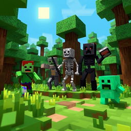 A dynamic and engaging Minecraft-themed scene featuring a zombie, creeper, skeleton, enderman, and slime